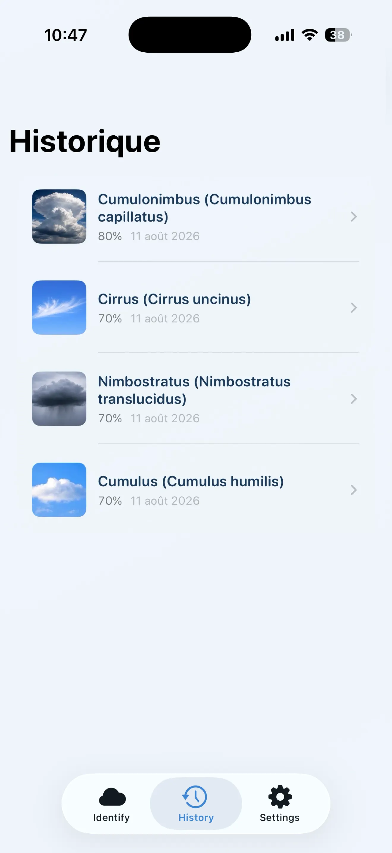 Historique de Nuage ID listant les nuages déjà identifiés avec leurs vignettes