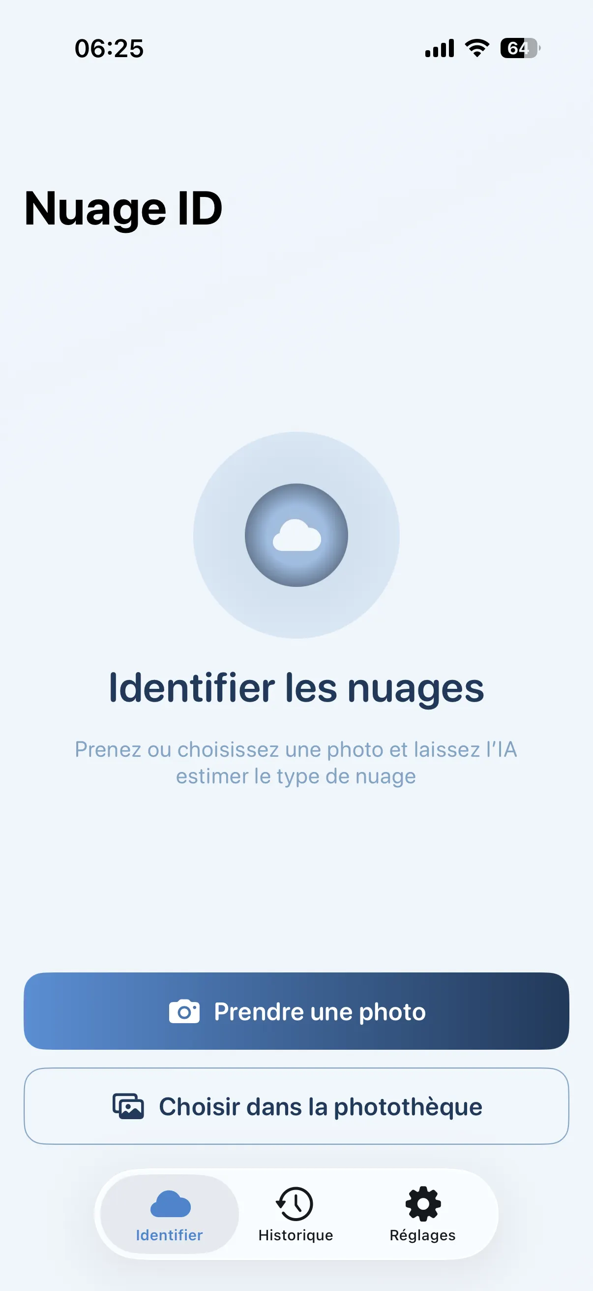 Écran d’accueil de Nuage ID avec les boutons pour photographier ou choisir une image