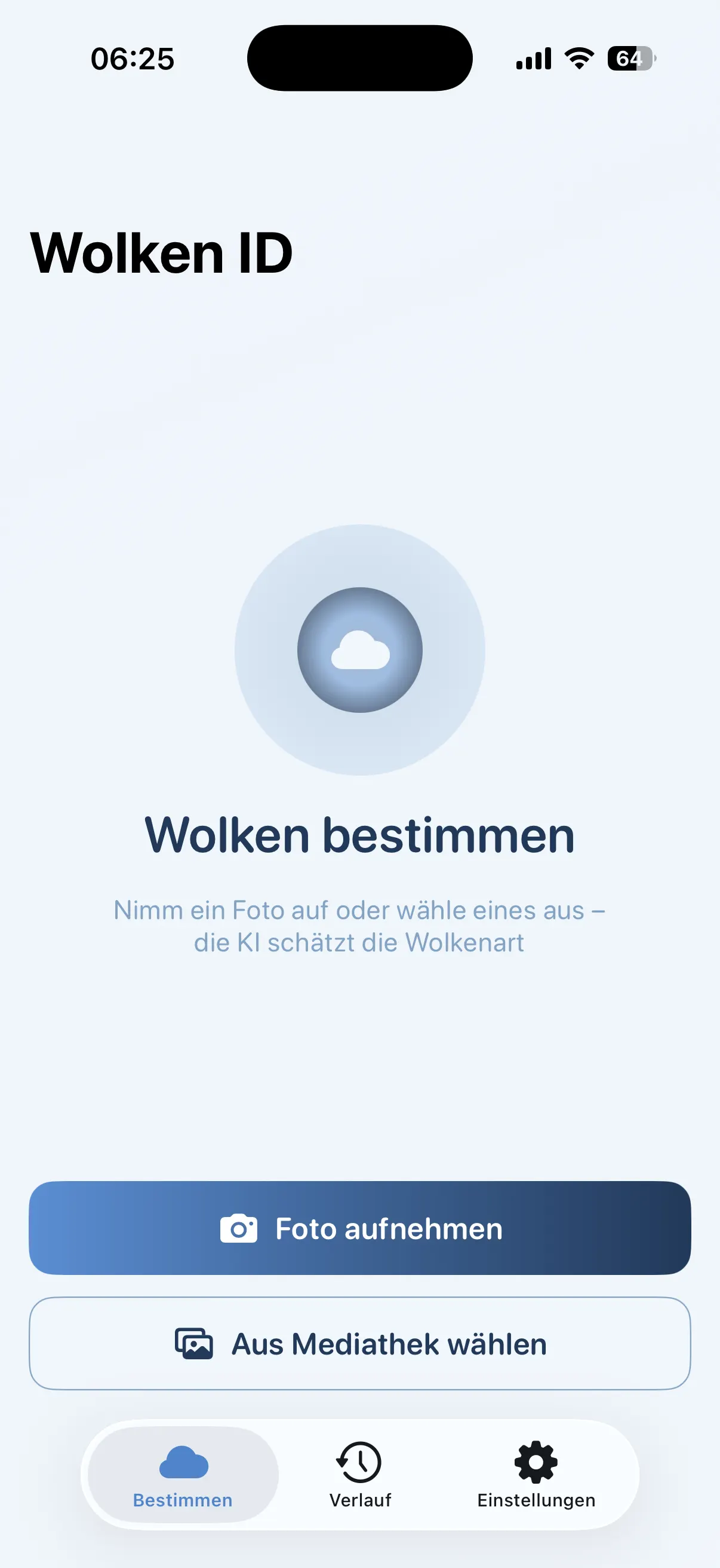 Startbildschirm von Wolken ID mit Schaltflächen zum Fotografieren und Auswählen