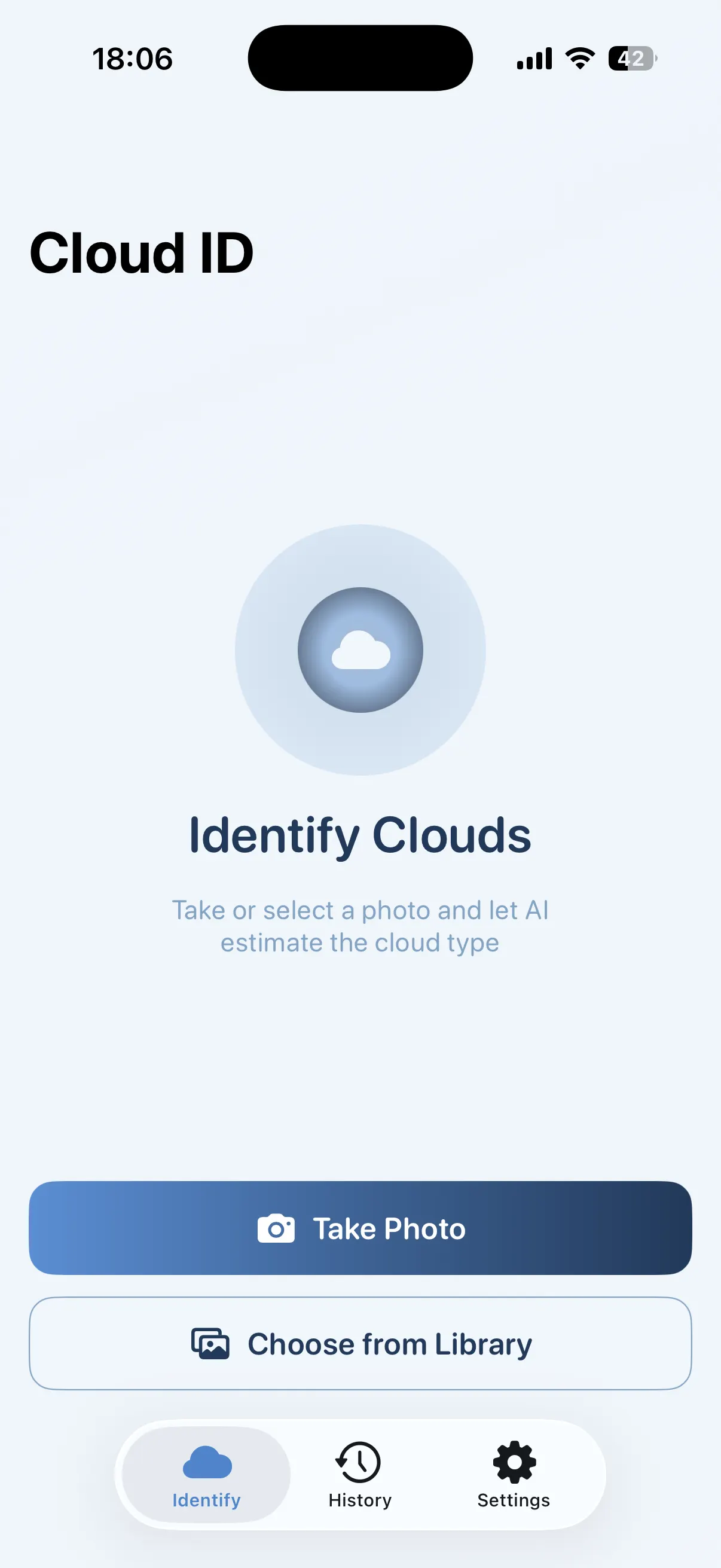Cloud ID home screen with buttons to take a photo or choose one from the library